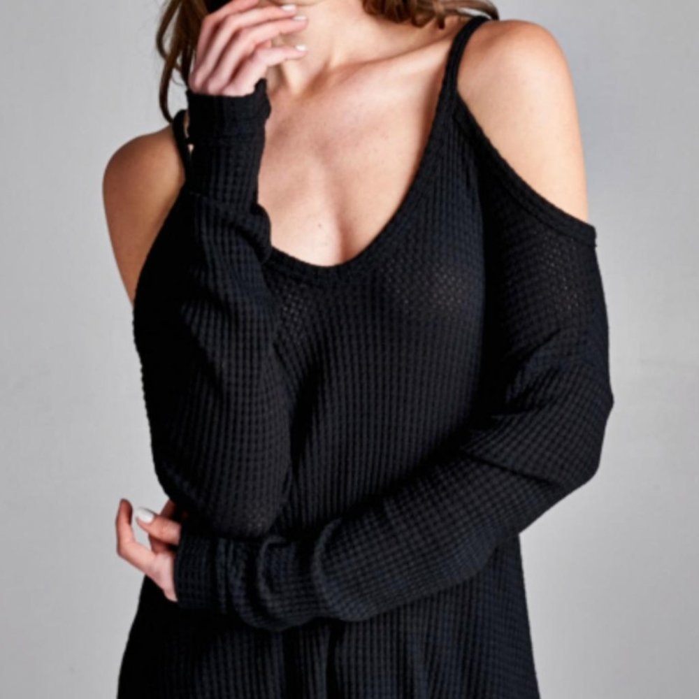 Honey Punch Thermal Waffle Long Sleeve Top Black